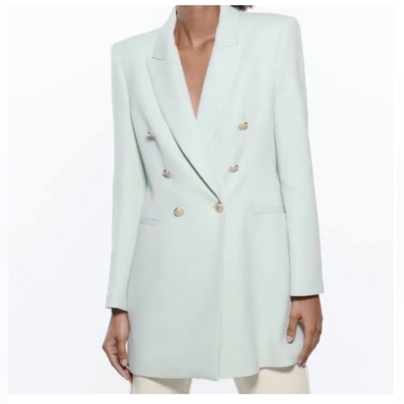 Zara women’s mint Green Double-Breasted long Blazer coat sz small preloved - Picture 1 of 16